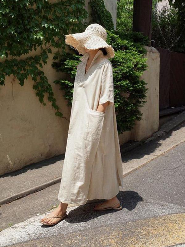 Casual Cozy Cotton Split-Side Long Dress-STYLEGOING