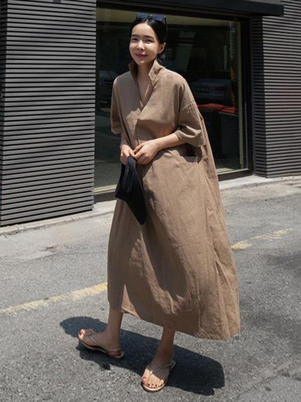 Casual Cozy Cotton Split-Side Long Dress-STYLEGOING