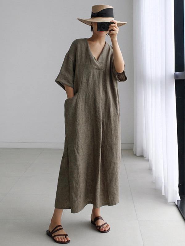 Casual Cozy Cotton Split-Side Long Dress-STYLEGOING