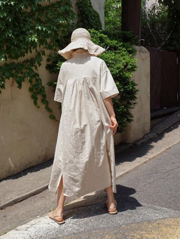 Casual Cozy Cotton Split-Side Long Dress-STYLEGOING