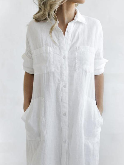 Simple Split-Side Lapel Long Shirt Dress-STYLEGOING