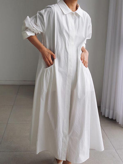 Urban White Lapel Long Shirt Dress-STYLEGOING
