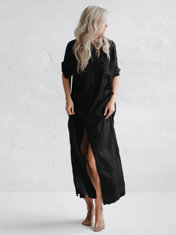 Simple Split-Side Lapel Long Shirt Dress-STYLEGOING