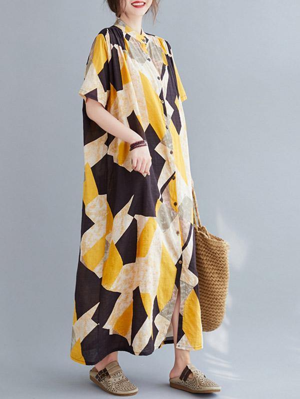 Printed Stand Collar Long Dress-STYLEGOING