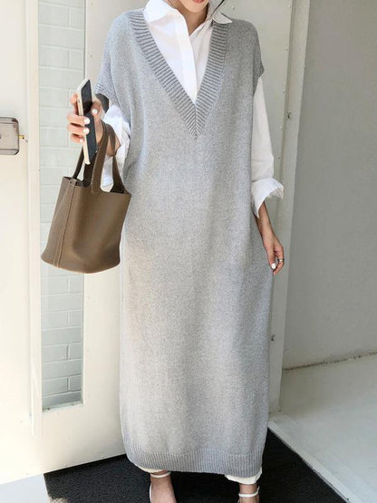 Knitting Loose V-Neck Sleeveless Long Dress-STYLEGOING