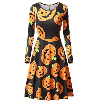 Halloween Pumpkin Long Sleeves Dresses-STYLEGOING