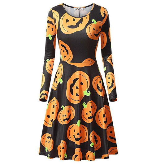 Halloween Pumpkin Long Sleeves Dresses-STYLEGOING