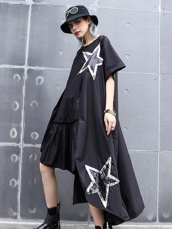 Black Oversize Asymmetric Stars Dress-STYLEGOING