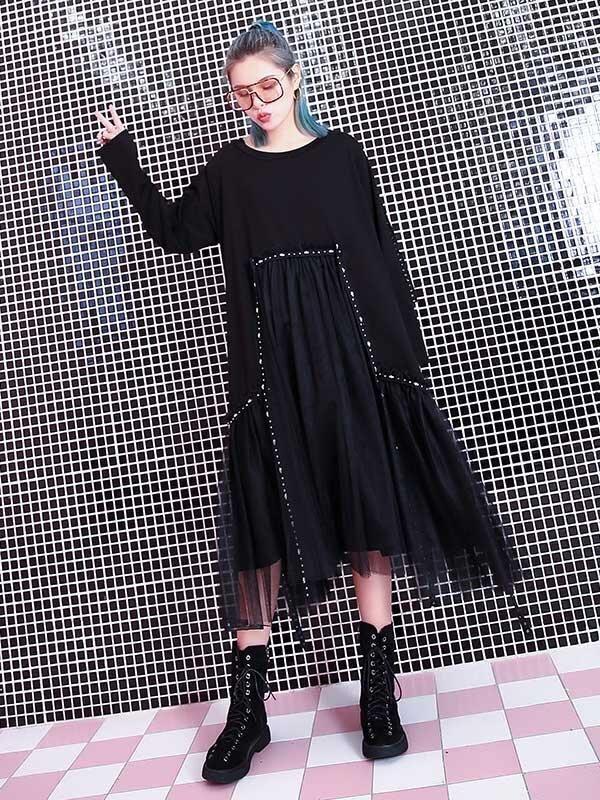 Black Loose Rivet Gauze Splicing Dress-STYLEGOING
