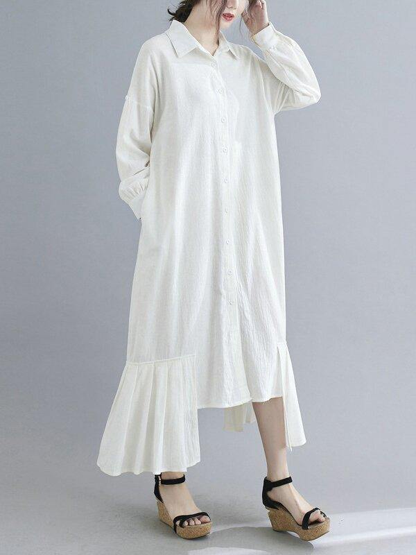 Lapel Cotton And Linen Long Maxi Dress-STYLEGOING