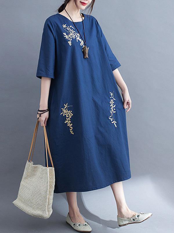 Embroidery Vintae Color Half-Sleeve Long Dress-STYLEGOING