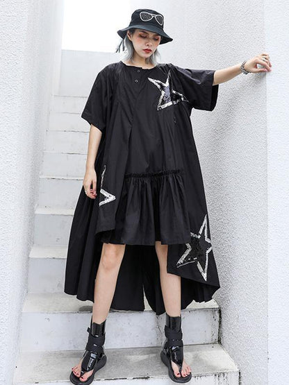 Black Oversize Asymmetric Stars Dress-STYLEGOING