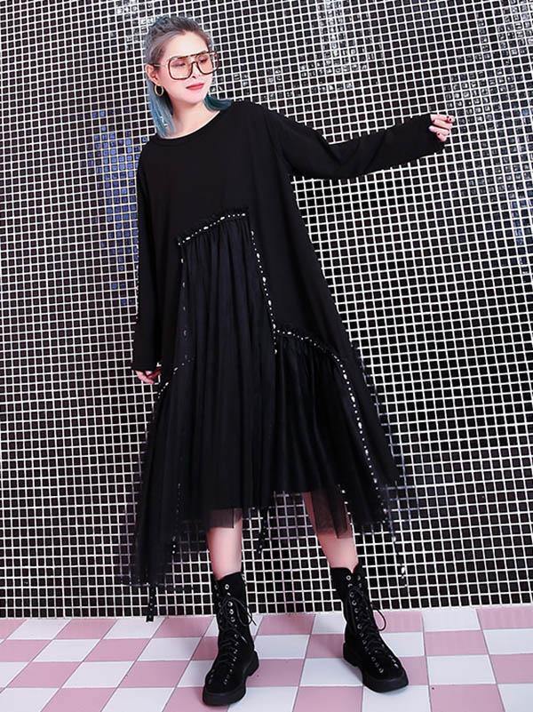 Black Loose Rivet Gauze Splicing Dress-STYLEGOING