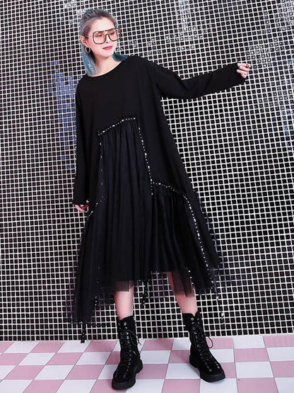 Black Loose Rivet Gauze Splicing Dress-STYLEGOING