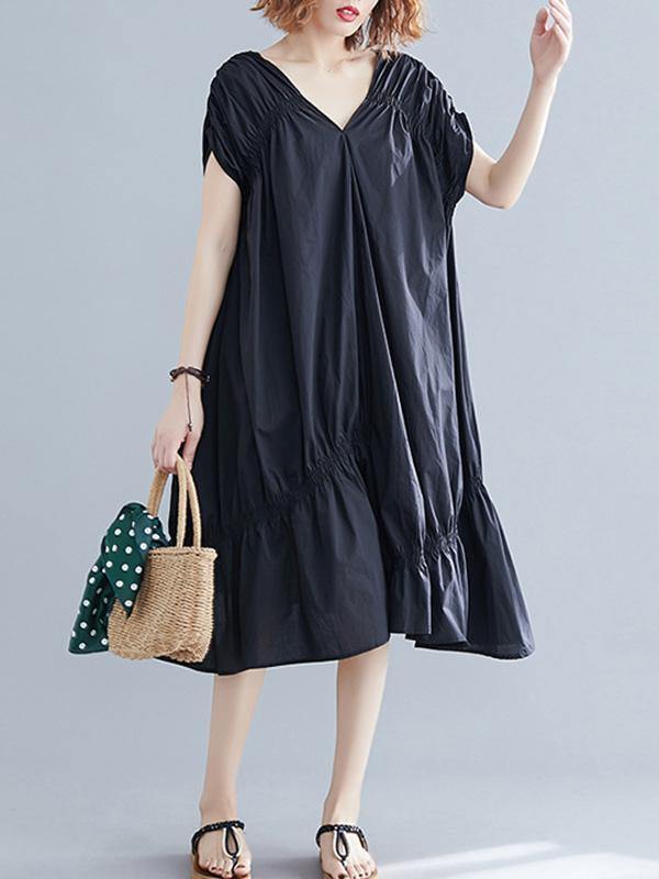 Black Loose Drawstring Ruffled Midi Dress-STYLEGOING