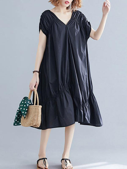 Black Loose Drawstring Ruffled Midi Dress-STYLEGOING