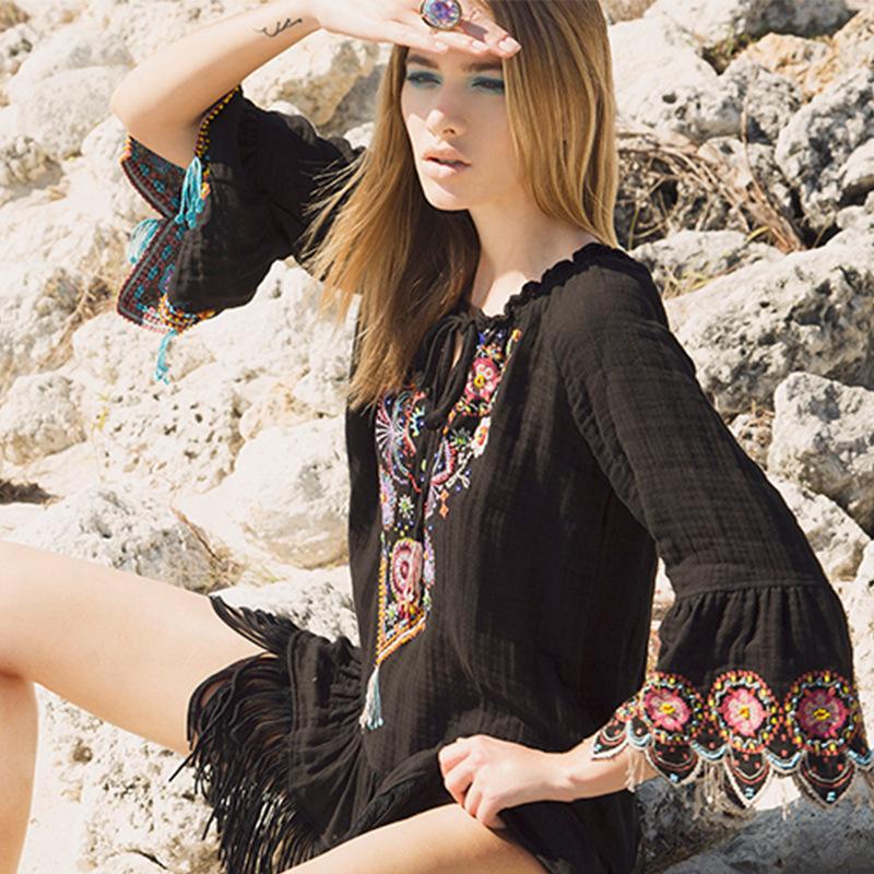 Flared Sleeves Tasseled Mini/Short Dress-STYLEGOING