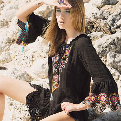 Flared Sleeves Tasseled Mini/Short Dress-STYLEGOING