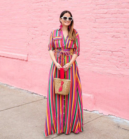 Bohemia Striped Shirt Half Sleeves Maxi Dress-STYLEGOING