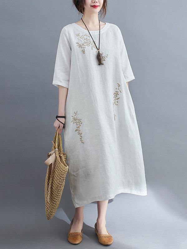 Embroidery Vintae Color Half-Sleeve Long Dress-STYLEGOING
