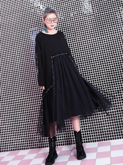 Black Loose Rivet Gauze Splicing Dress-STYLEGOING