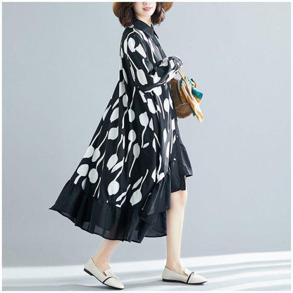 Black Printed Ruffle Shirt Midi Dress-STYLEGOING