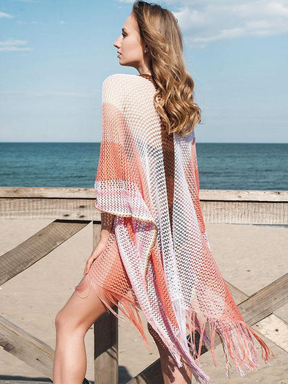 Summer Striped Tasseled Beach Cover-Ups-STYLEGOING