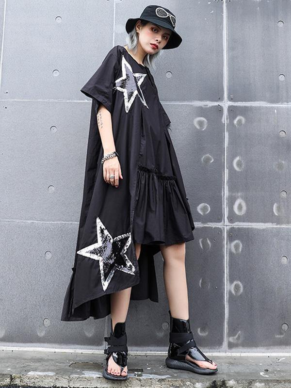 Black Oversize Asymmetric Stars Dress-STYLEGOING