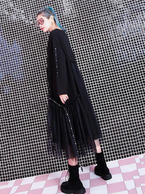 Black Loose Rivet Gauze Splicing Dress-STYLEGOING