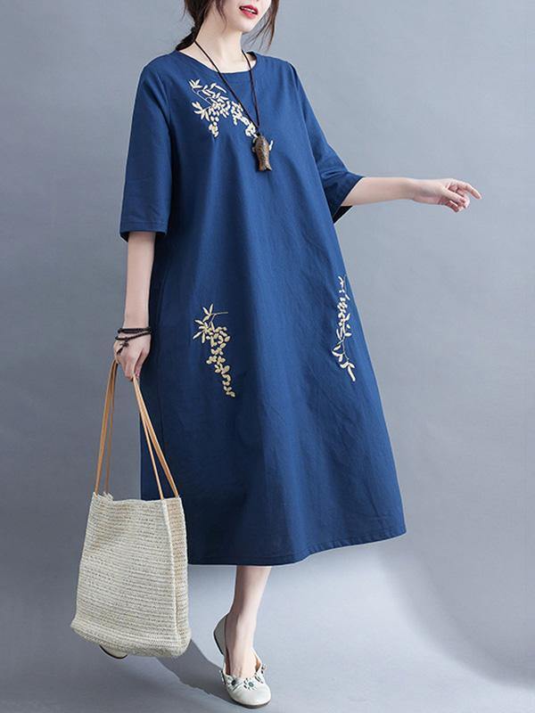Embroidery Vintae Color Half-Sleeve Long Dress-STYLEGOING