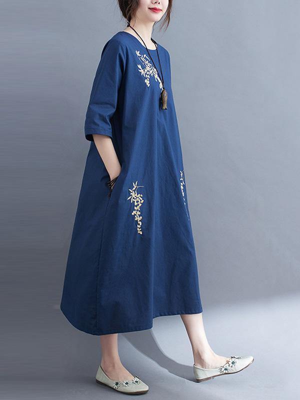 Embroidery Vintae Color Half-Sleeve Long Dress-STYLEGOING