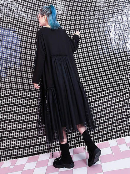 Black Loose Rivet Gauze Splicing Dress-STYLEGOING