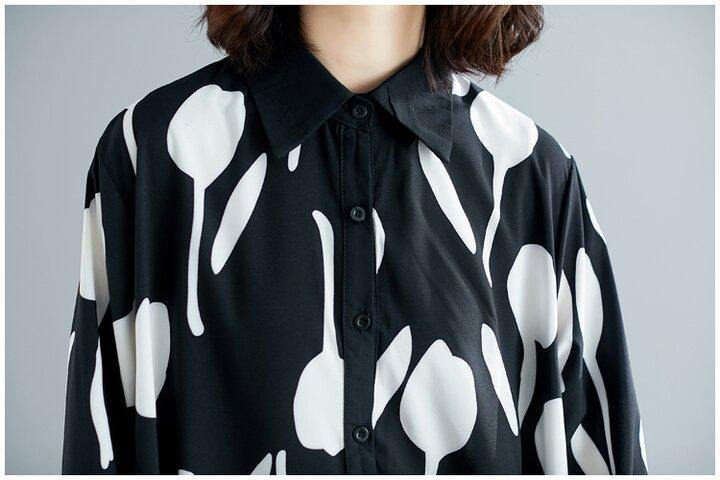 Black Printed Ruffle Shirt Midi Dress-STYLEGOING