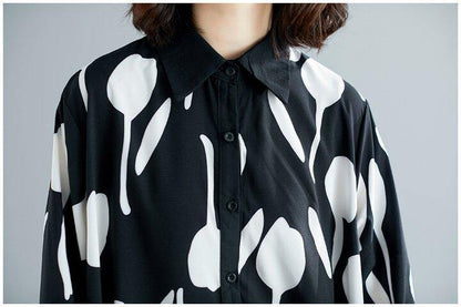 Black Printed Ruffle Shirt Midi Dress-STYLEGOING