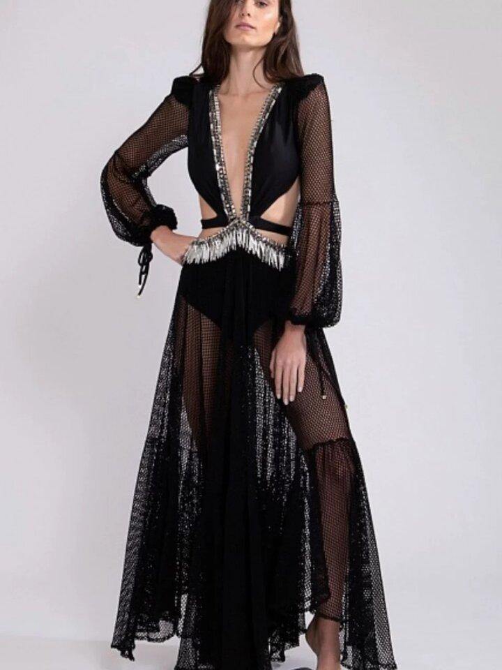 Black Gauze See-Through Maxi Dresses-STYLEGOING