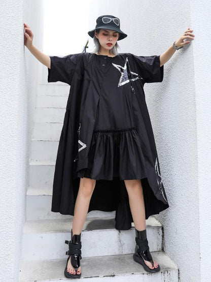 Black Oversize Asymmetric Stars Dress-STYLEGOING