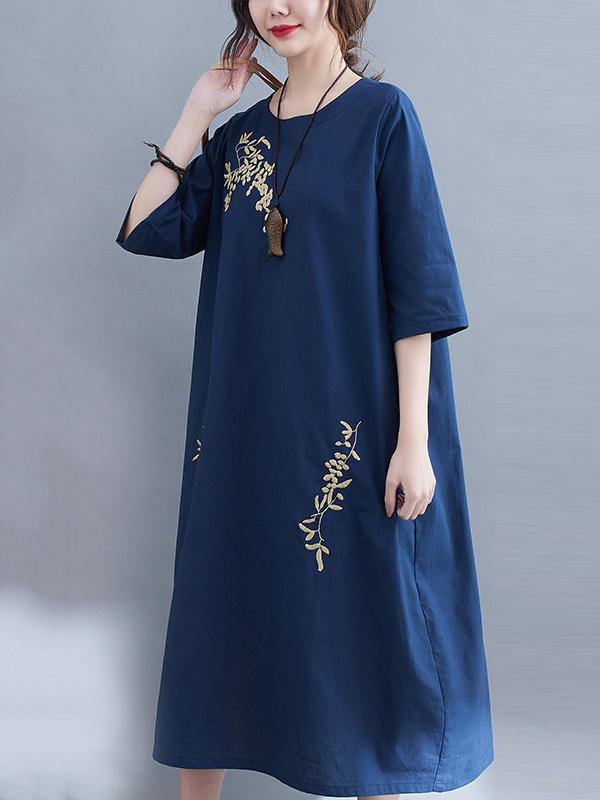 Embroidery Vintae Color Half-Sleeve Long Dress-STYLEGOING