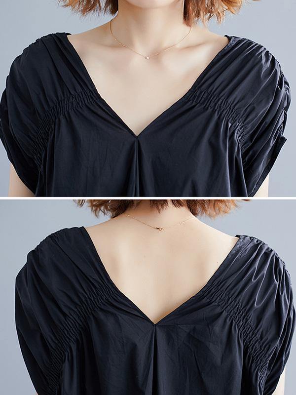 Black Loose Drawstring Ruffled Midi Dress-STYLEGOING
