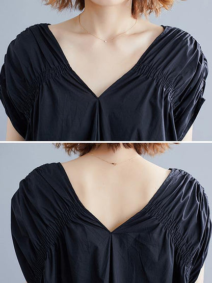 Black Loose Drawstring Ruffled Midi Dress-STYLEGOING