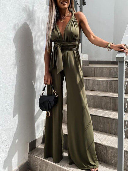 Women Lace-Up Plunging Sleeveless Jumpsuits-STYLEGOING