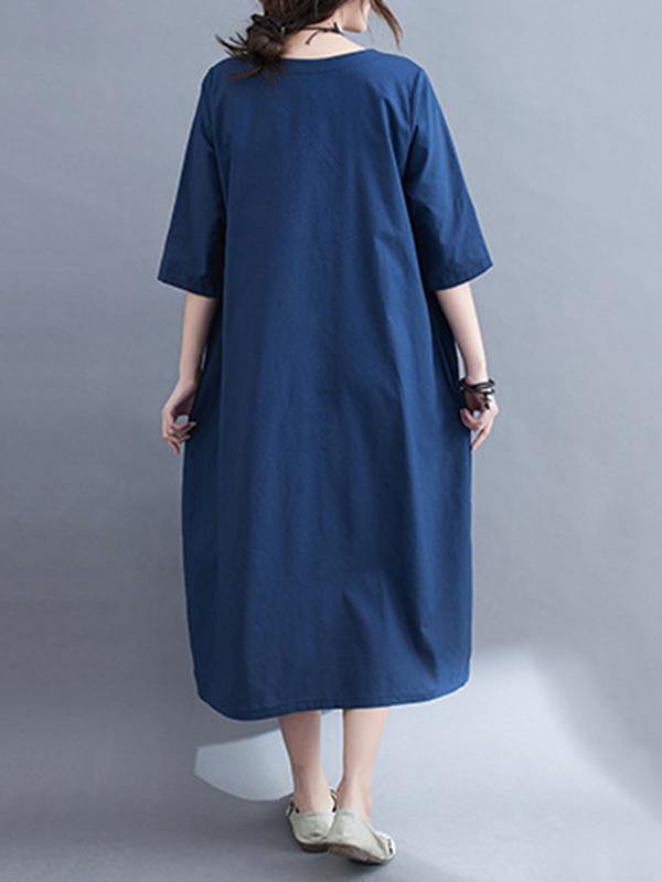 Embroidery Vintae Color Half-Sleeve Long Dress-STYLEGOING