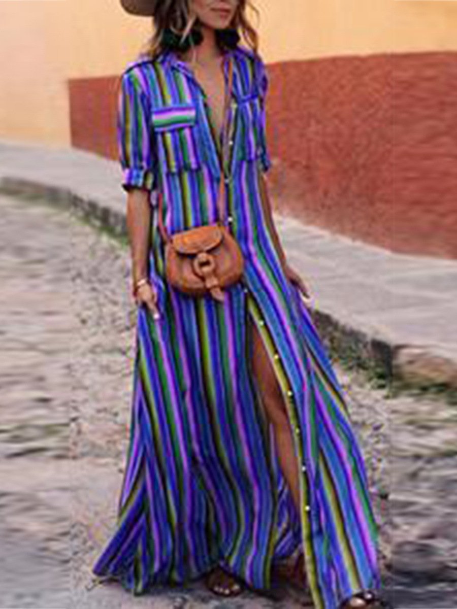 Bohemia Striped Shirt Half Sleeves Maxi Dress-STYLEGOING