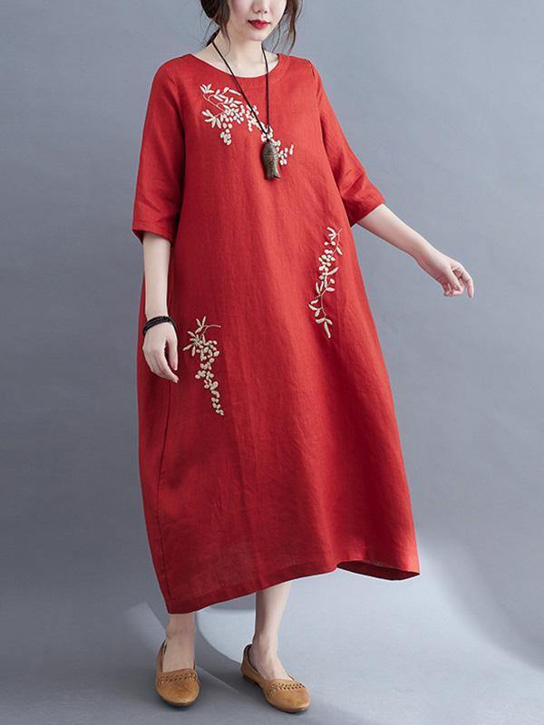 Embroidery Vintae Color Half-Sleeve Long Dress-STYLEGOING
