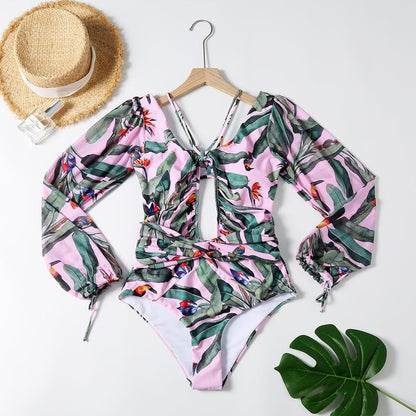 V-Neck Long Sleeves One-Piece Swimwear-STYLEGOING