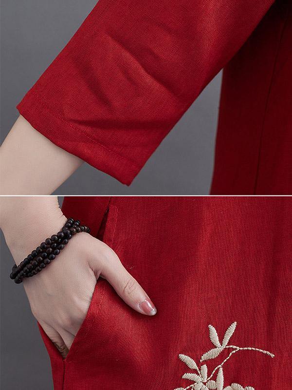 Embroidery Vintae Color Half-Sleeve Long Dress-STYLEGOING