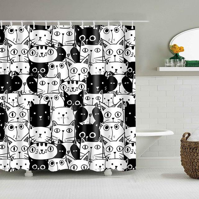 Blue White Cat Print Bathroom Fabric Shower Curtain