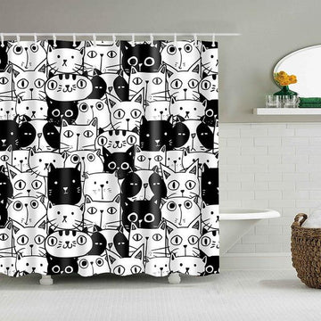 Blue White Cat Print Bathroom Fabric Shower Curtain