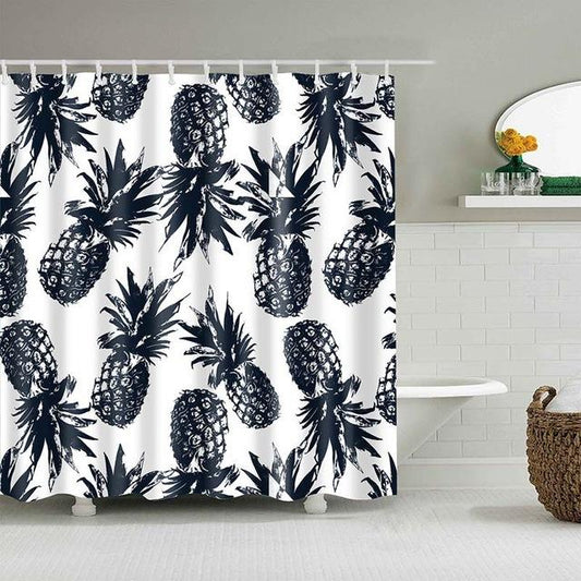 Black&White Pineapple Print Bathroom Fabric Shower Curtain