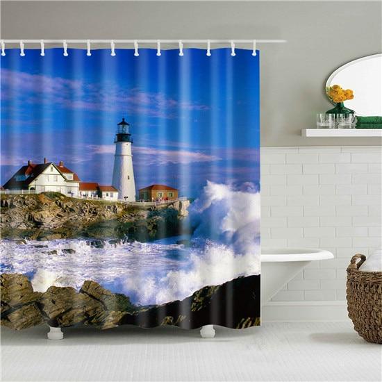 Rocky Shores Lighthouse Fabric Shower Curtain-STYLEGOING