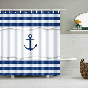 Nautical Blue Anchor Stripes Fabric Shower Curtain